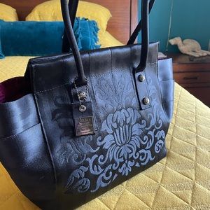 Harvey's black embroidered Damask tote